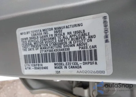 2003 Toyota Matrix Xrs from USA, damaged, VIN 2T1KY38E43C049330